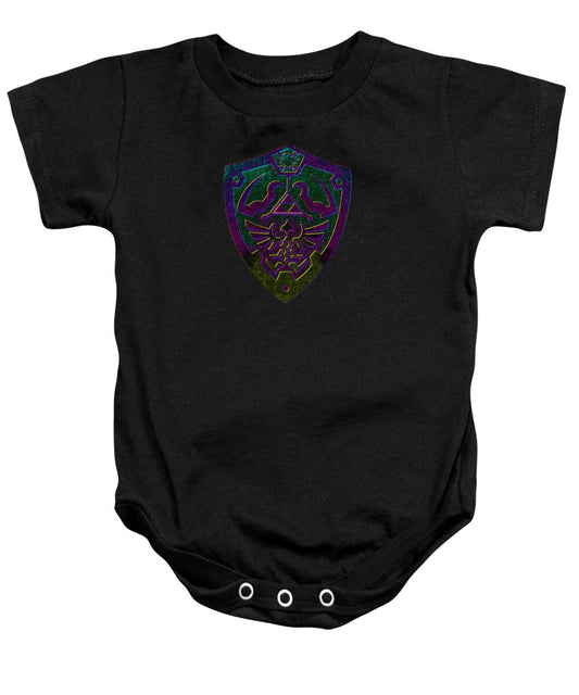 Black baby onesie with purple and green shield graphic and snap-button bottom
