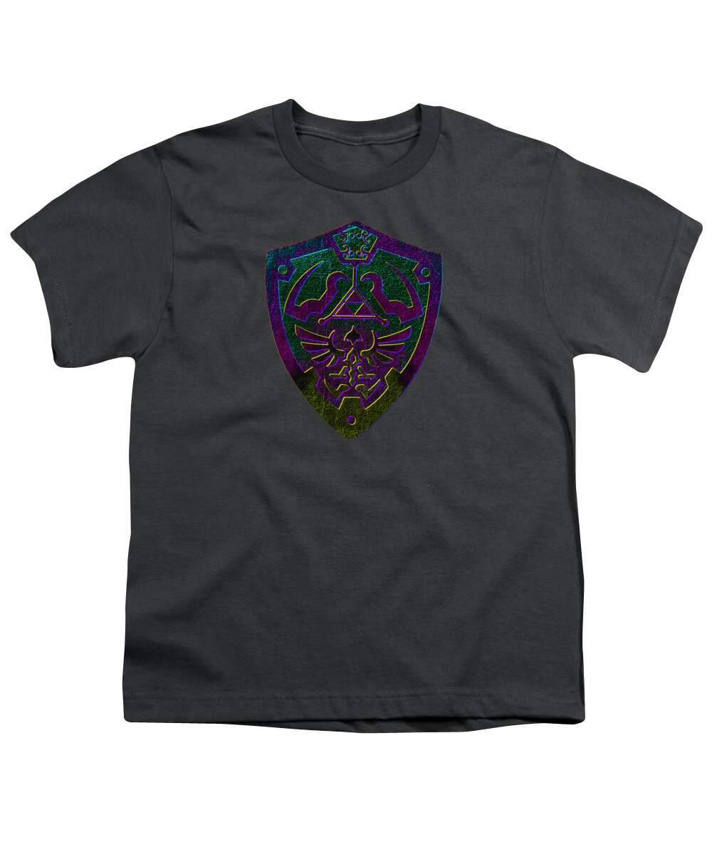 Charcoal youth t-shirt with crew neck and colorful shield graphic on chest