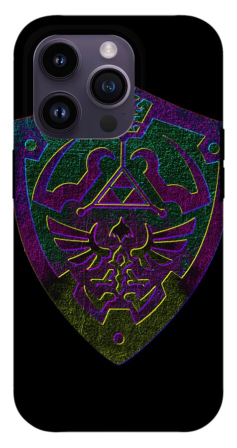 Phone case with gray back and purple-gold fantasy shield emblem, camera cutouts on top left