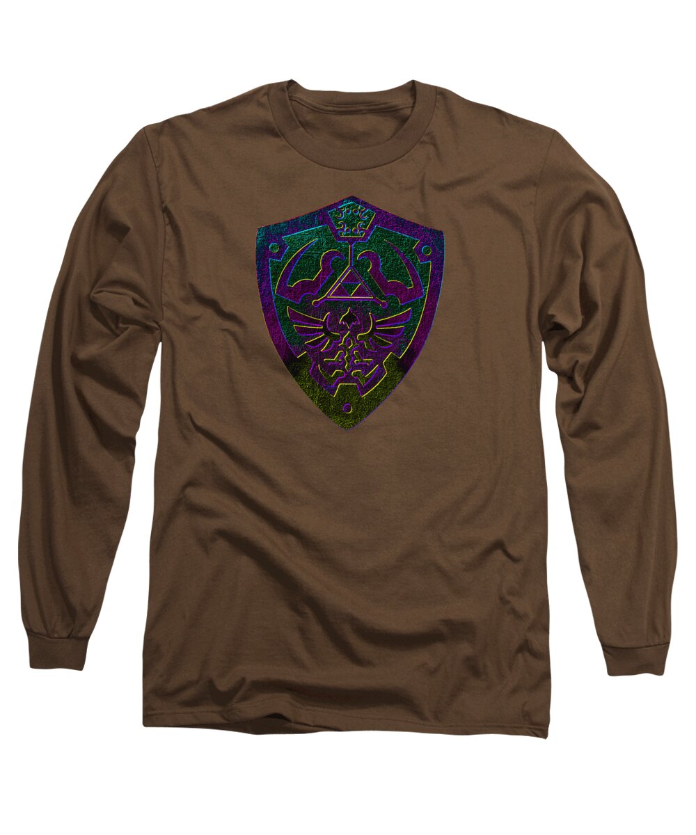 Coffee brown long sleeve T-shirt with purple-green shield graphic on chest.