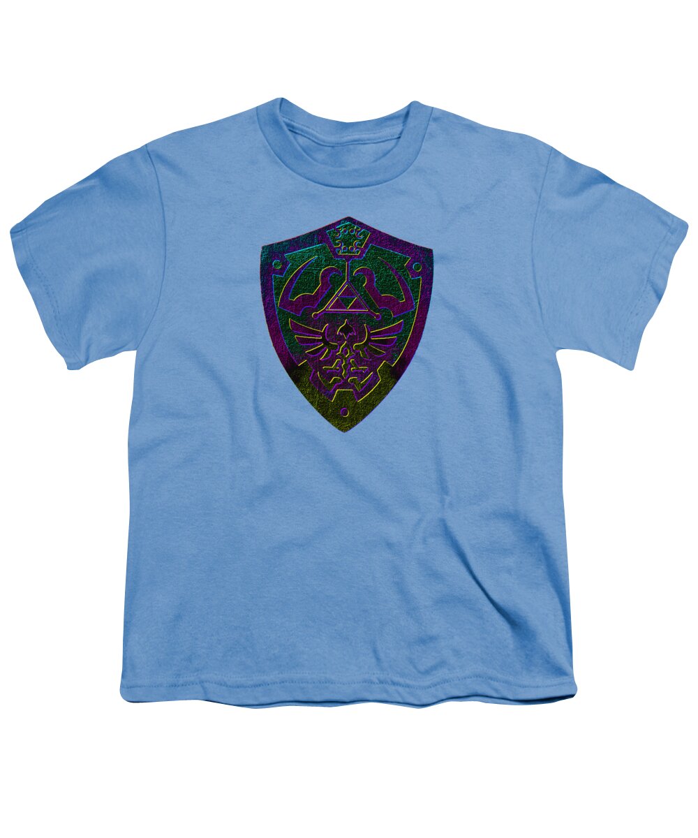 Light blue youth t-shirt with crew neck and colorful shield graphic on chest