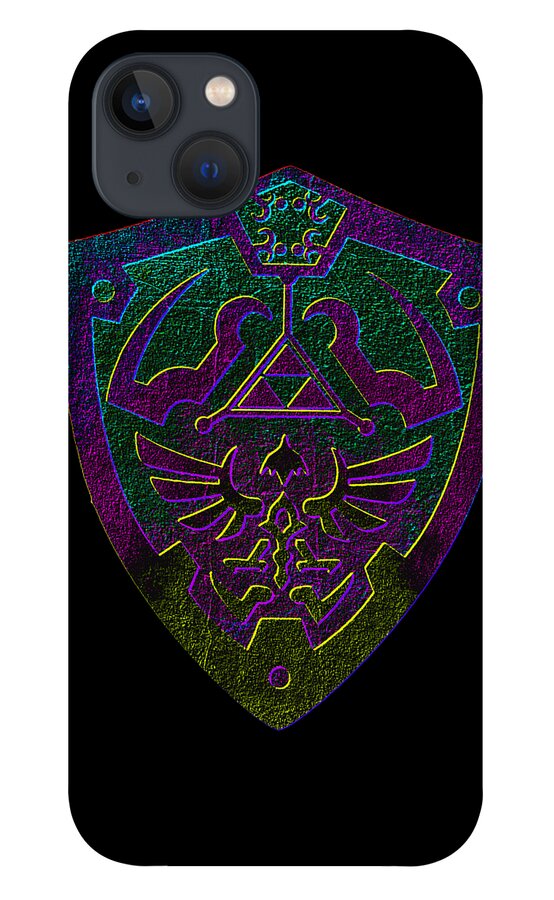 Phone case with black back and purple-green shield emblem with trident, raised camera cutouts