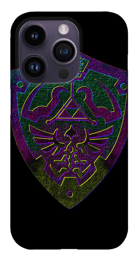 Phone case with gray back and purple-gold fantasy shield emblem, cutout for cameras