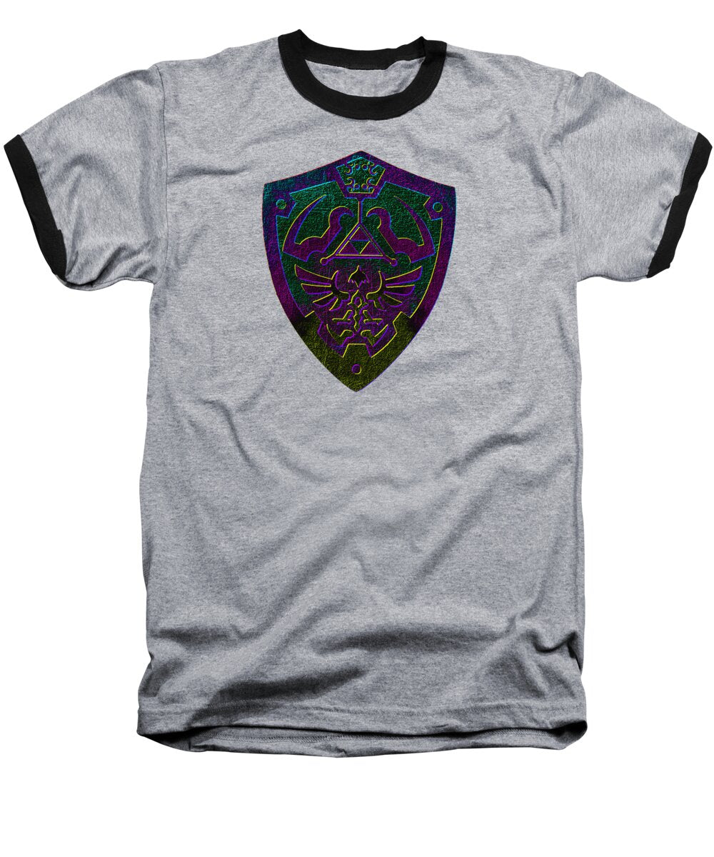 Heather baseball t-shirt with black raglan sleeves and purple gamer shield graphic