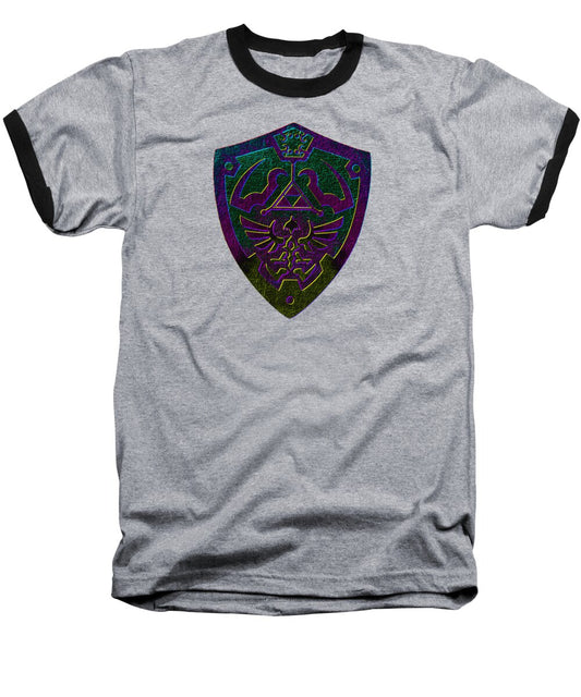 Heather baseball t-shirt with black raglan sleeves and purple gamer shield graphic