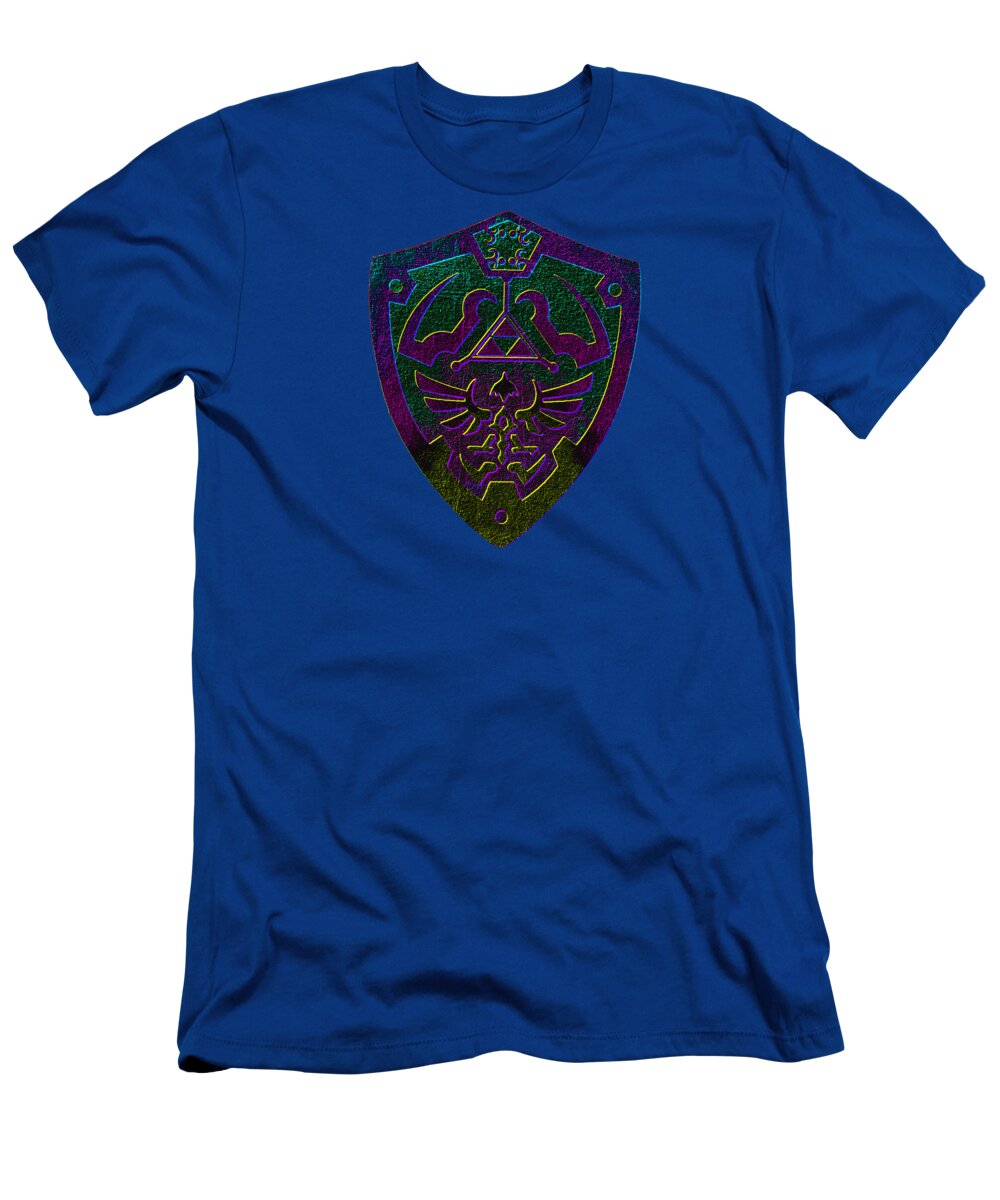 Royal blue graphic t-shirt with purple-green shield logo on chest