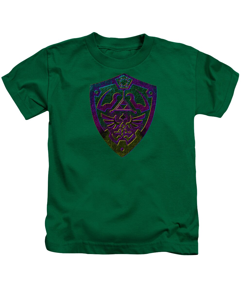 Kids green T-shirt with purple-green shield front graphic.