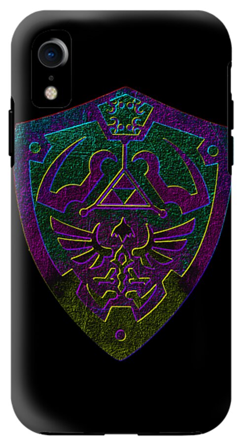 Black phone case with neon purple-green shield emblem and rear camera cutout.