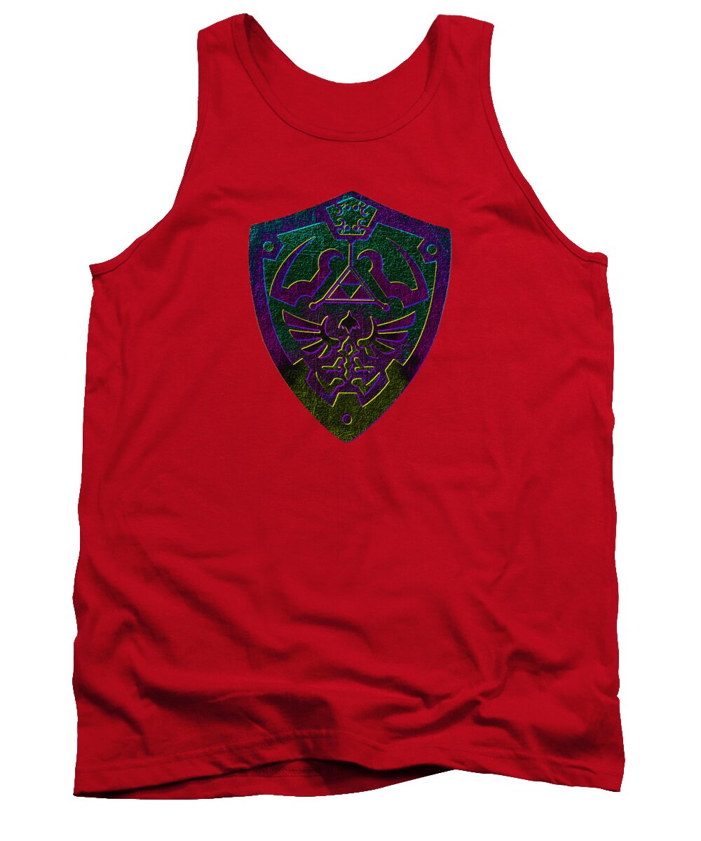 Red tank top with crew neck and purple-green shield graphic on the front
