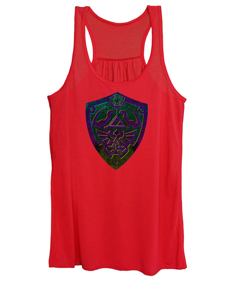 Women's red tank top with purple-green shield graphic