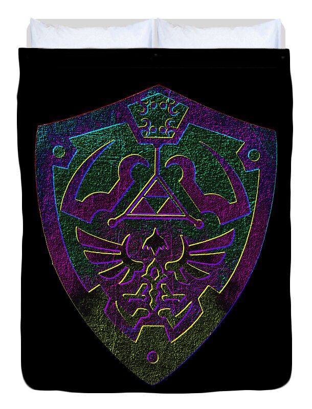 Black duvet cover with close-up style shield emblem, purple and green geometric art