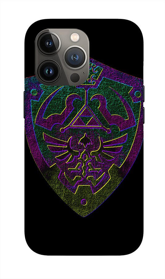 Phone case with dark back and purple-green shield emblem with trident, triple-lens camera