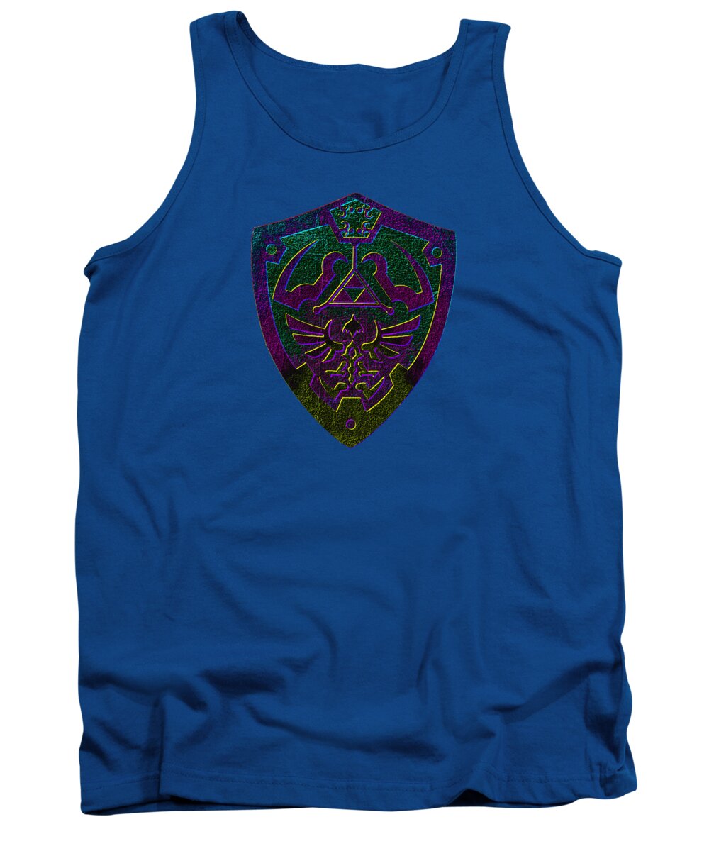 Royal blue tank top with crew neck and purple-green shield graphic on the front