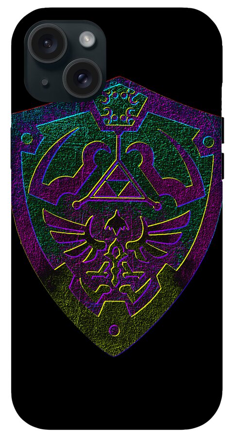 Black phone case with purple-green holographic winged crest and central triangle