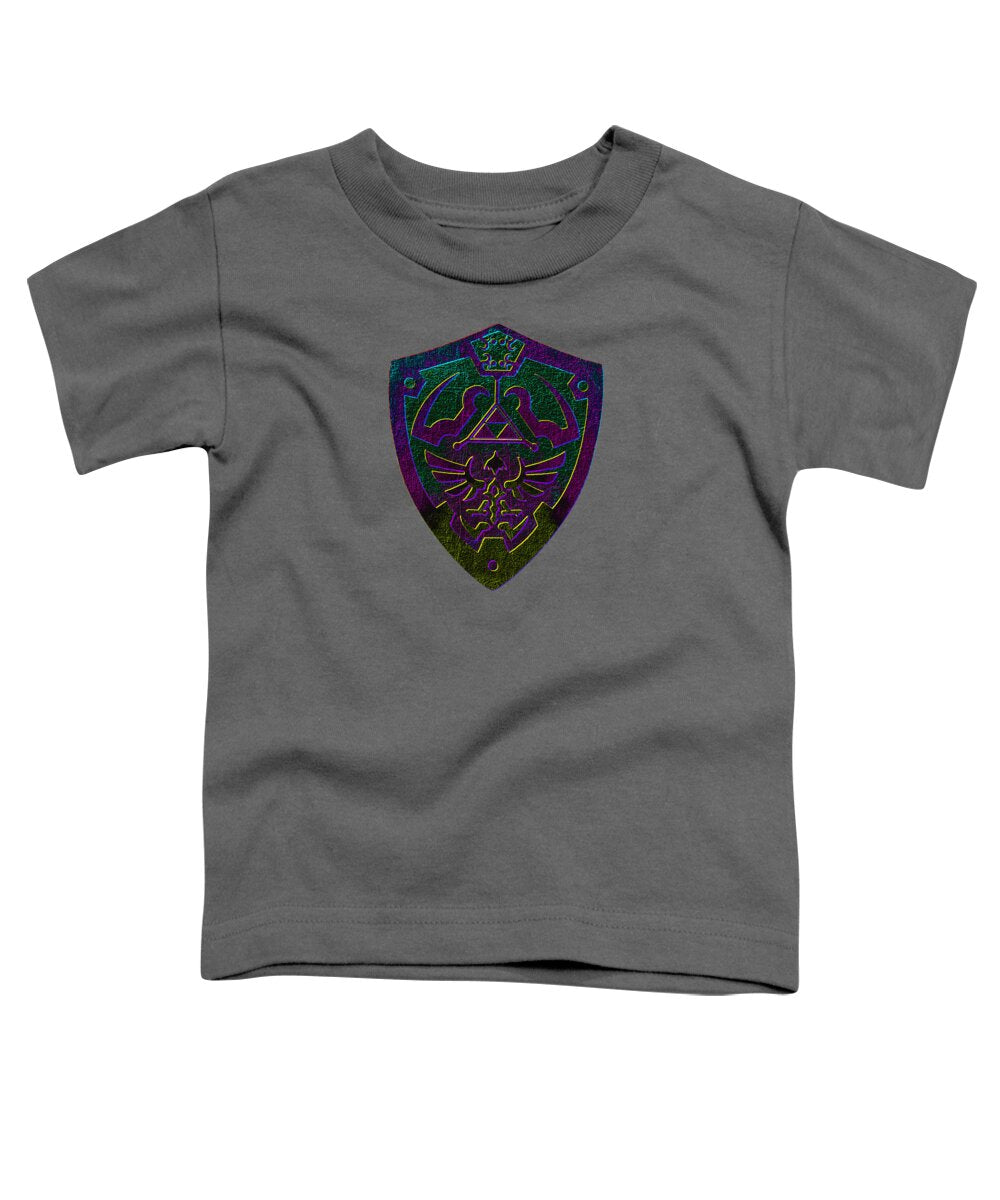 Toddler t-shirt in charcoal gray with a colorful shield gamer logo print on chest