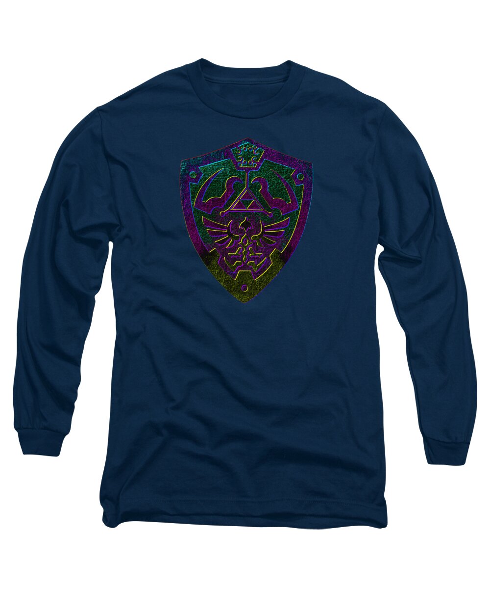 Navy long sleeve T-shirt with purple-green shield graphic on chest.