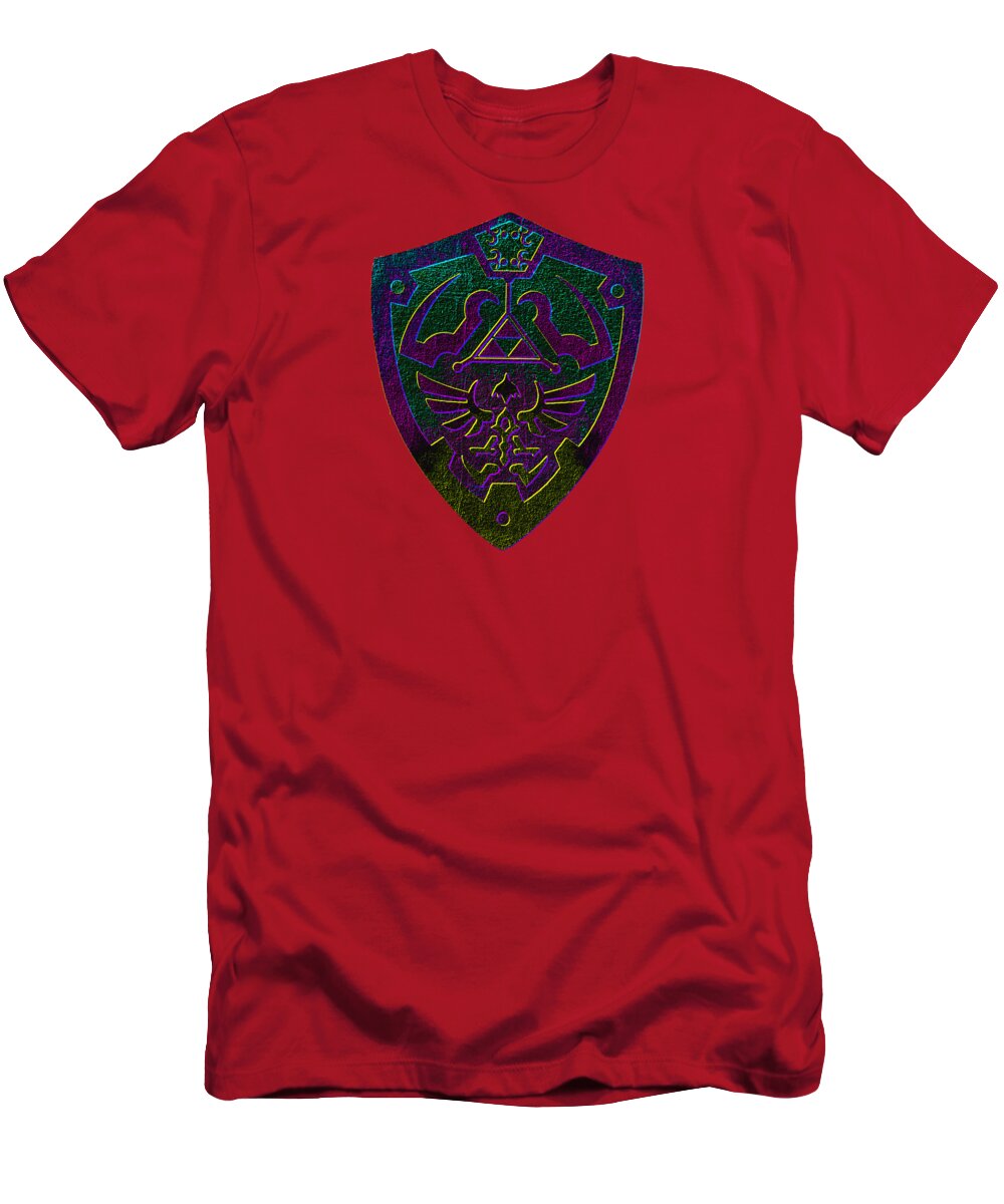 Red graphic t-shirt with purple-green shield logo on chest
