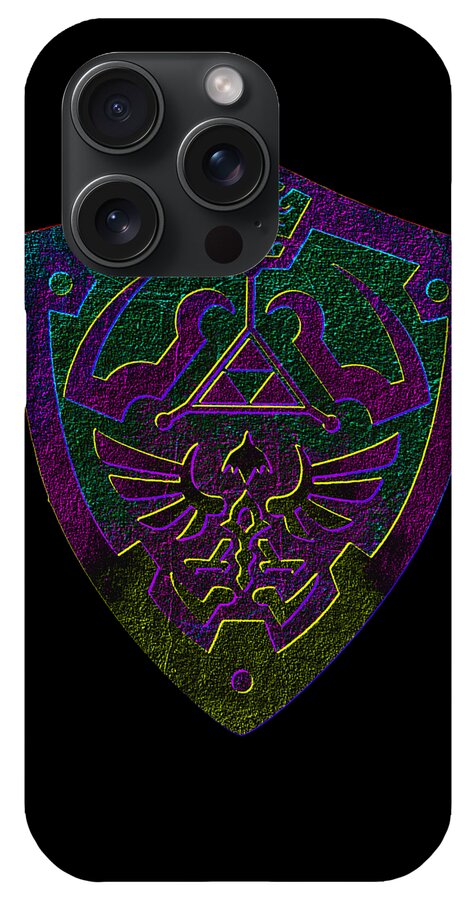 Black phone case with purple-green holographic winged crest and detailed triangular emblem