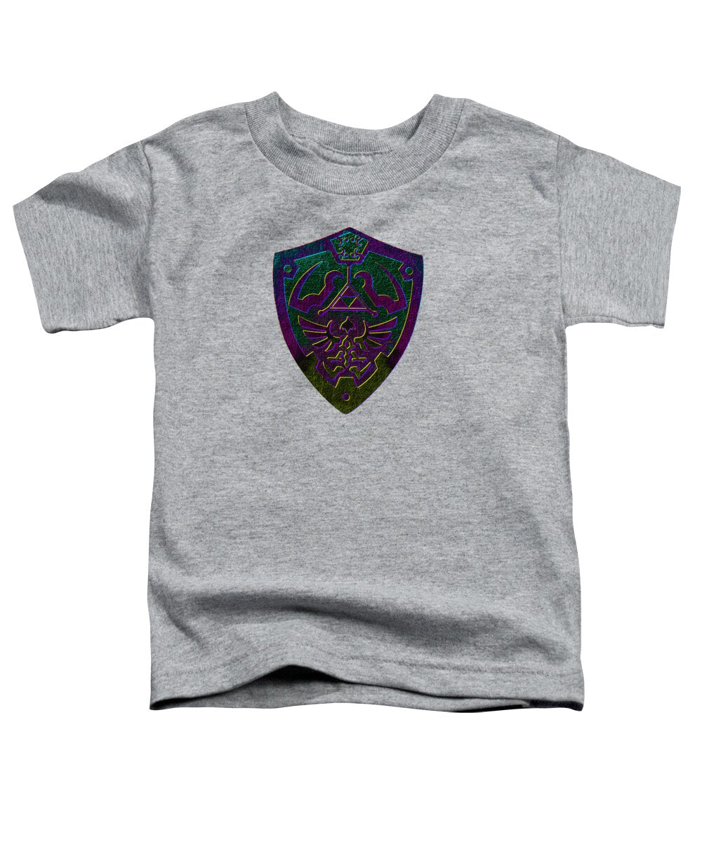 Toddler t-shirt in heather gray with a colorful shield gamer logo print on chest