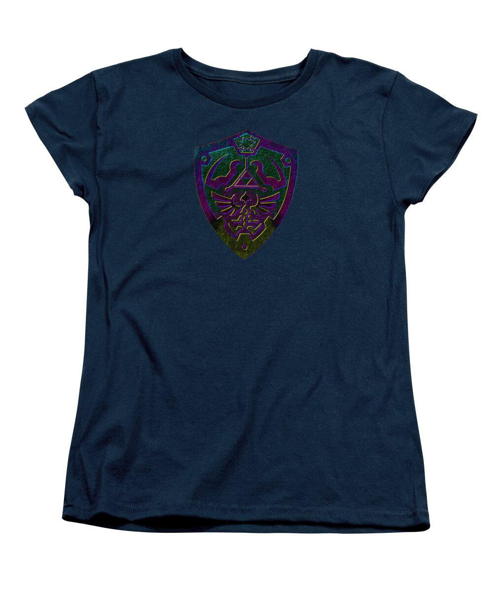 Women's T-shirt, navy crew neck with colorful shield graphic on front