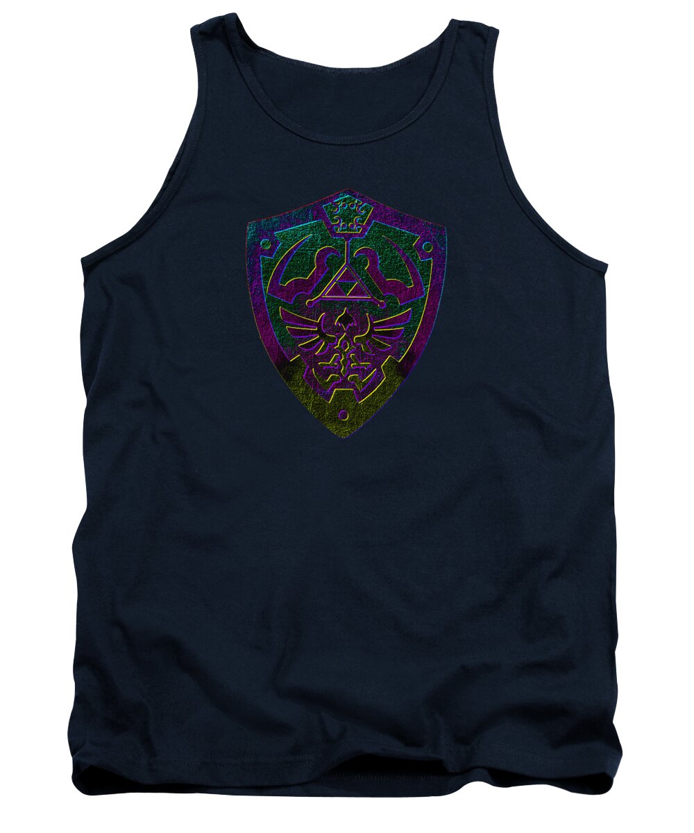 Navy tank top with crew neck and purple-green shield graphic on the front