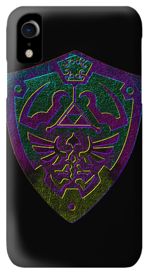 Black phone case with purple-green shield emblem and visible camera module cutout.