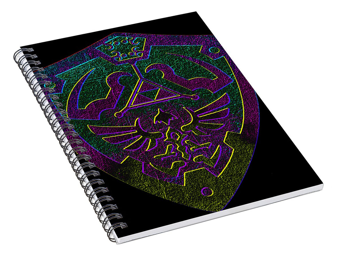 Spiral notebook with diagonal gaming shield emblem cover and black metal ring binding