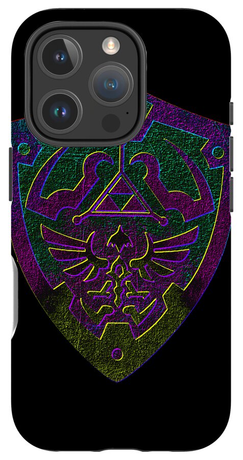 Black phone case with purple and green holographic winged crest and triangular emblem
