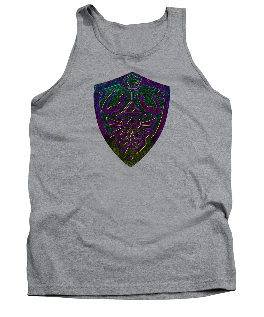 Heather gray tank top with crew neck and purple-green shield graphic on front