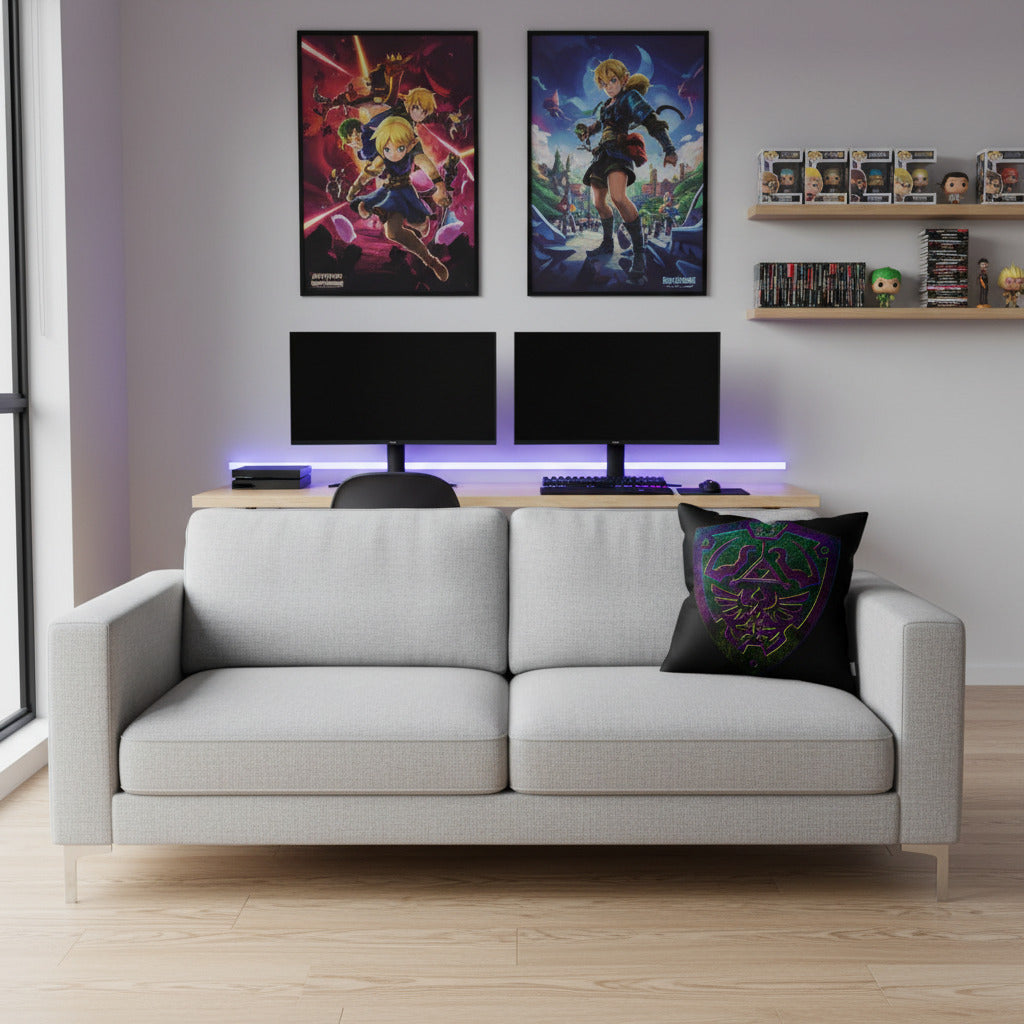 Link shield throw pillow with black cover and colorful crest emblem
