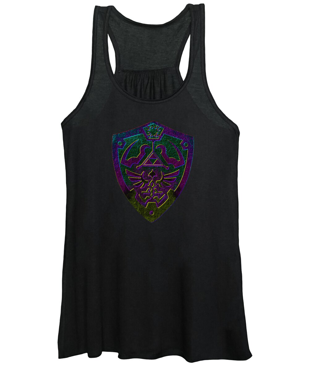 Women's black tank top with purple-green shield graphic