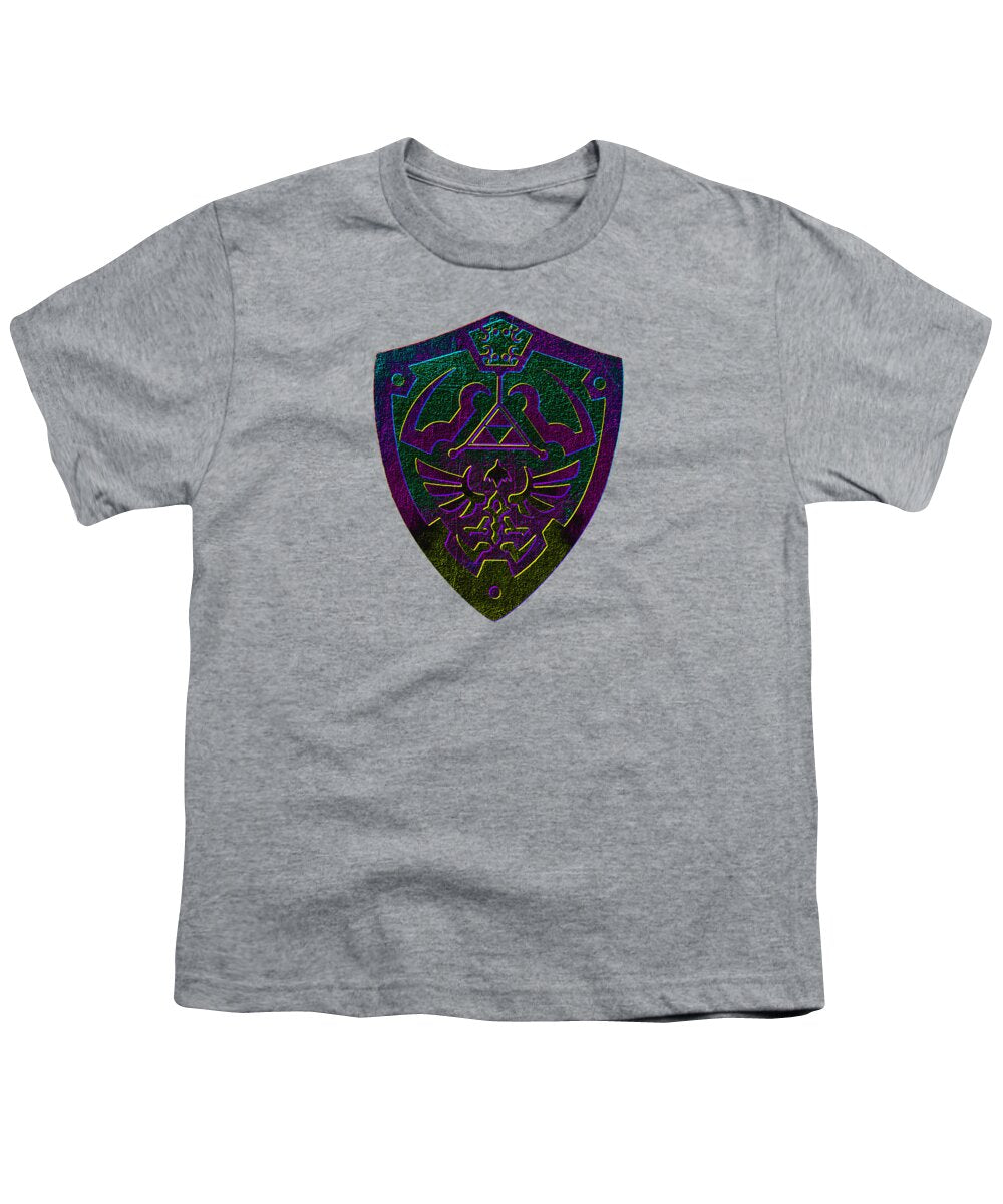 Heather gray youth t-shirt with crew neck and colorful shield graphic on chest