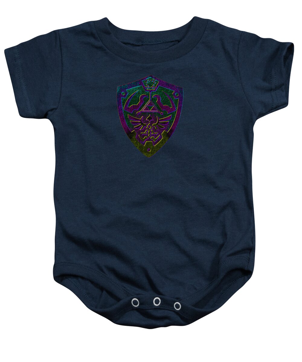 Navy baby onesie with purple and green shield graphic and snap-button bottom