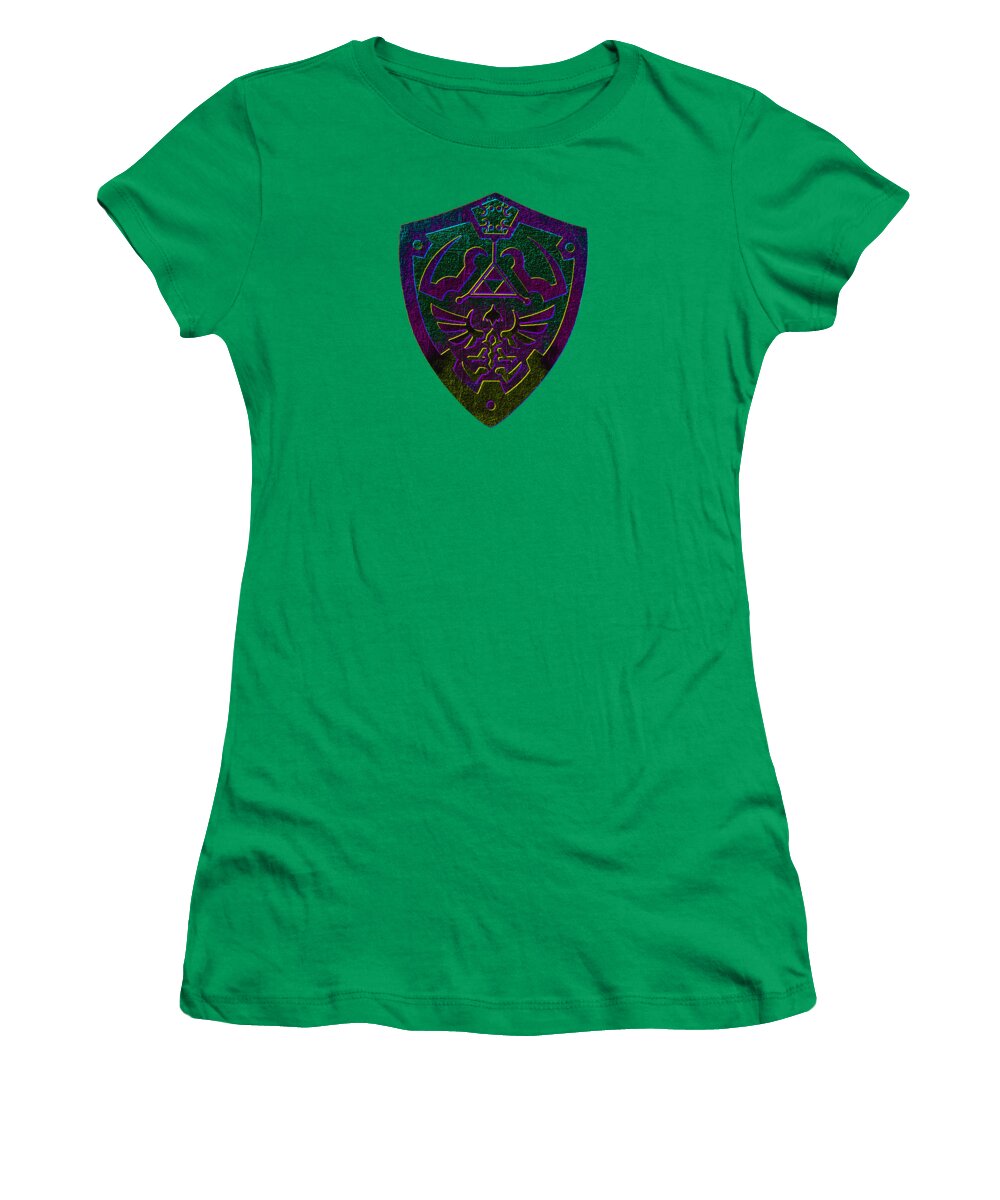 Women's green T-shirt with colorful shield logo graphic on the chest