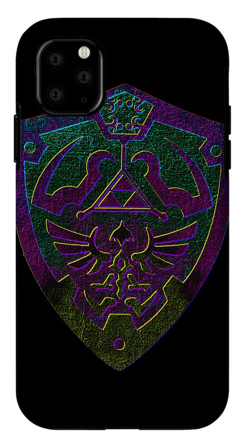 Black phone case with holographic shield emblem in purple and green, rear camera ports