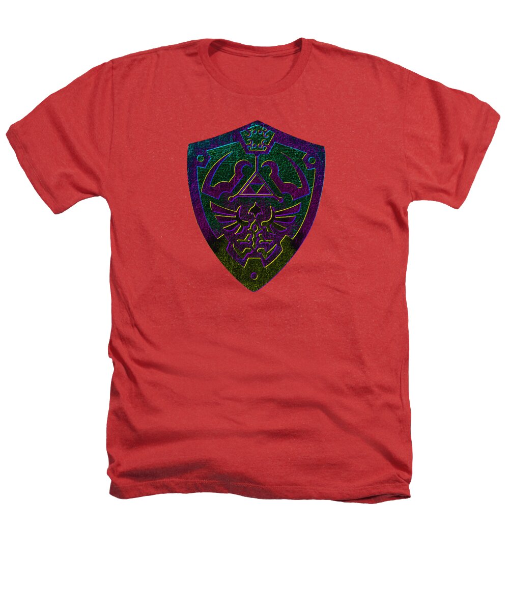 Heathered red T-shirt with colorful shield graphic on the chest