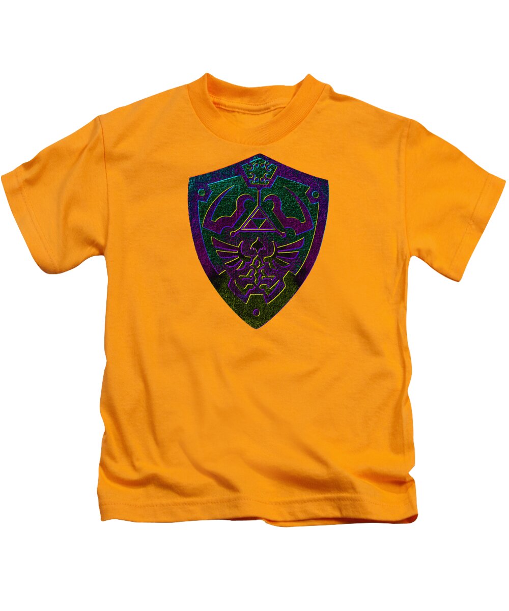 Kids orange T-shirt with purple-green shield front graphic.