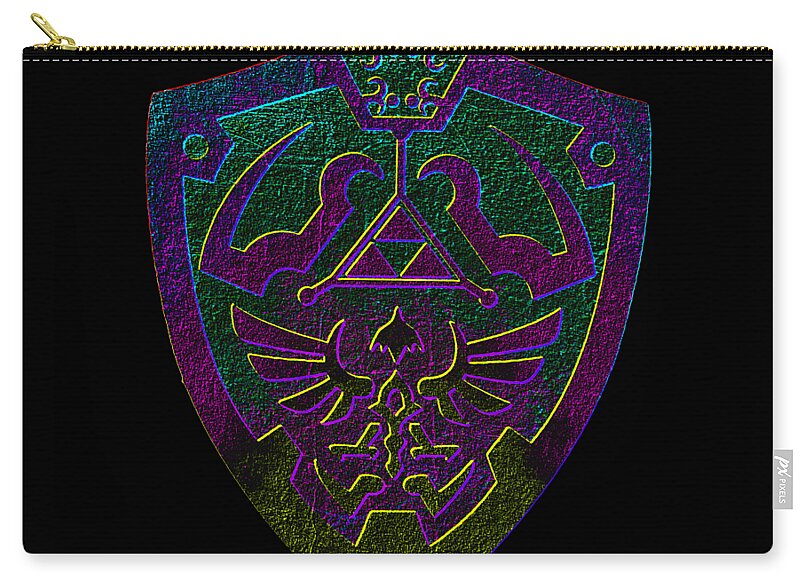 Black zip pouch with large neon shield emblem and top zipper.