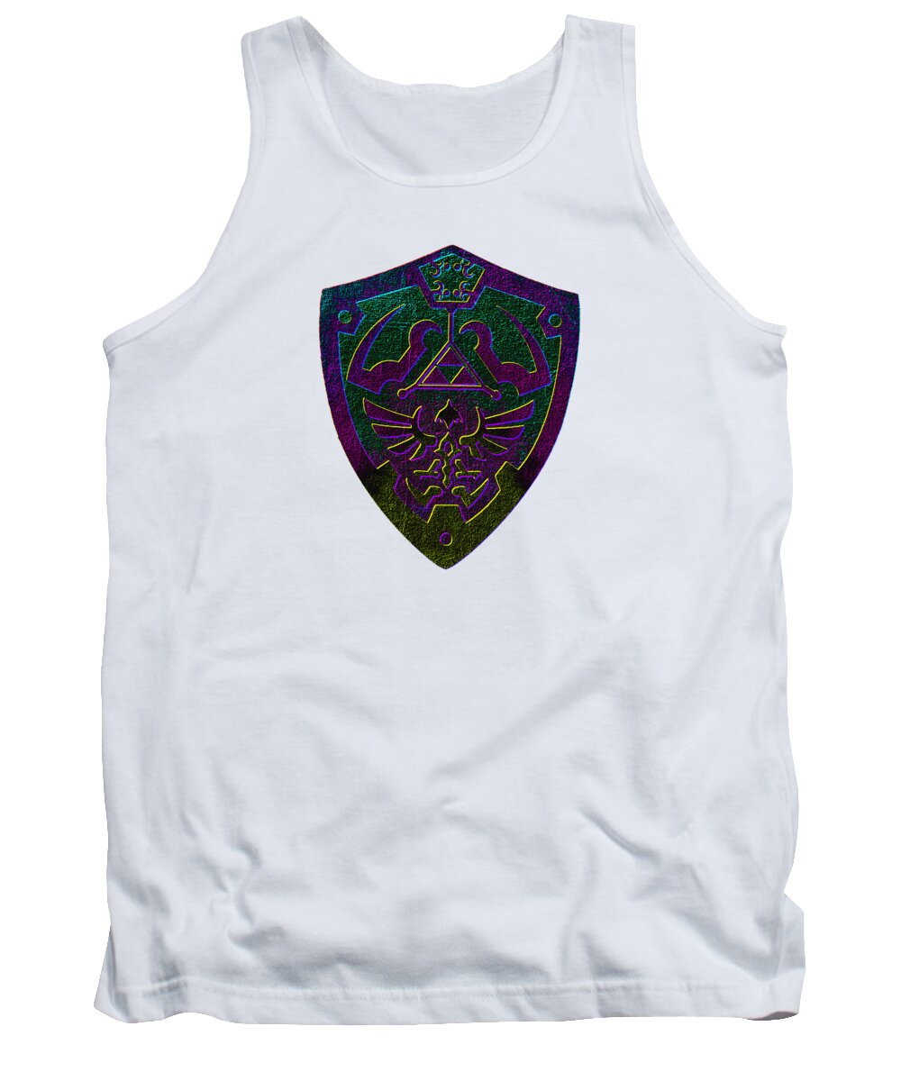 White tank top with crew neck and purple-green shield graphic on the front