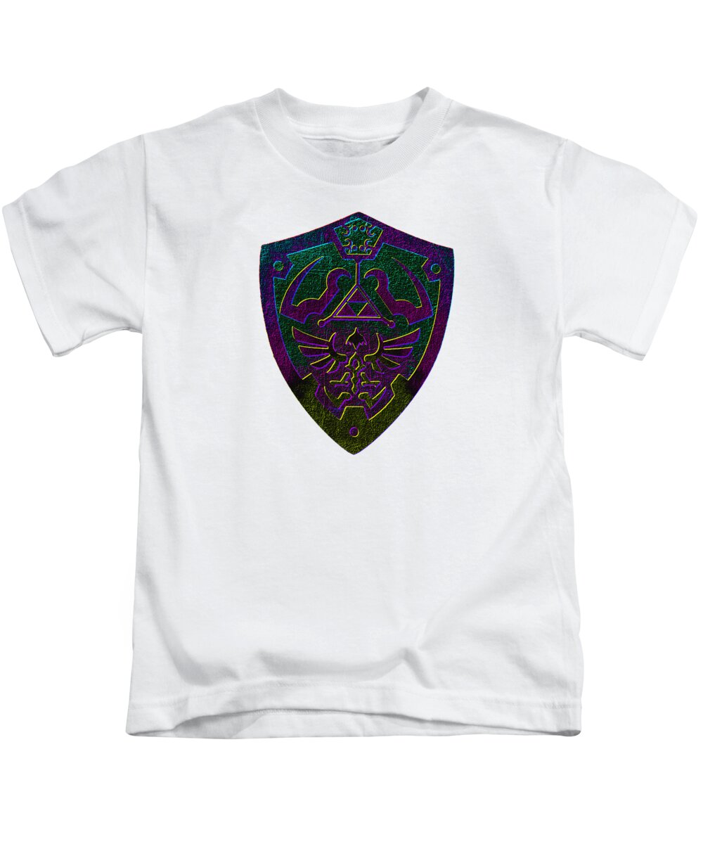Kids graphic t-shirt in white with short sleeves and colorful shield emblem on chest