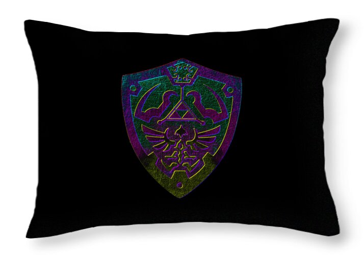 Black throw pillow with purple and gold Link shield emblem