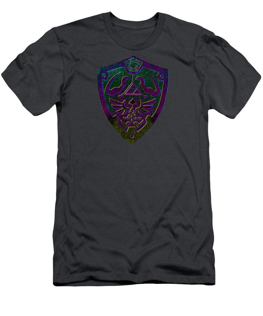 Charcoal graphic t-shirt with purple-green shield logo on chest
