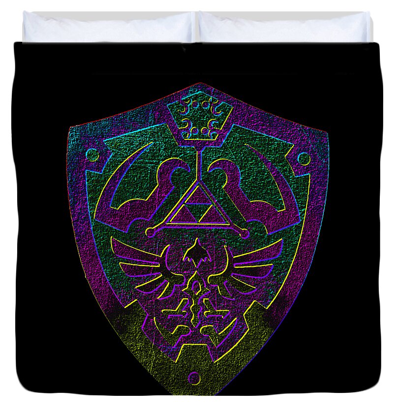 Black duvet cover with large gaming crest emblem in purple and green