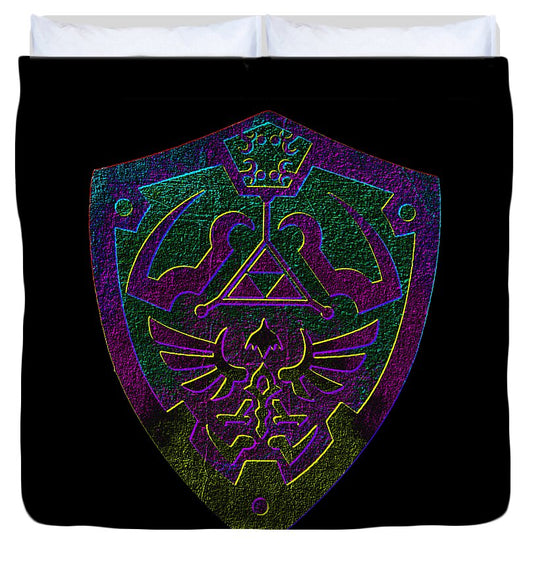 Black duvet cover with large gaming crest emblem in purple and green