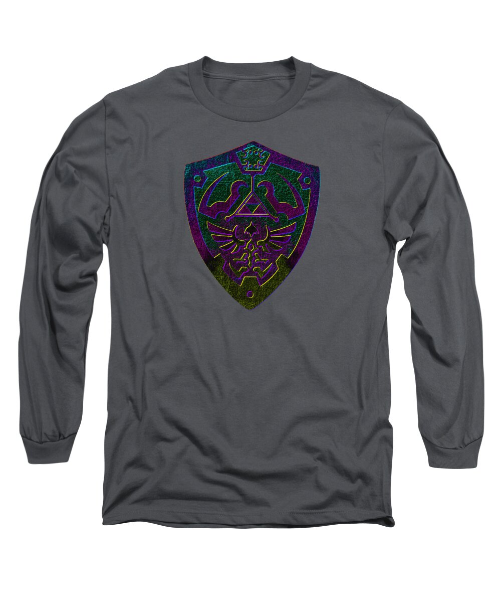 Charcoal gray long sleeve T-shirt with purple-green shield graphic on chest.