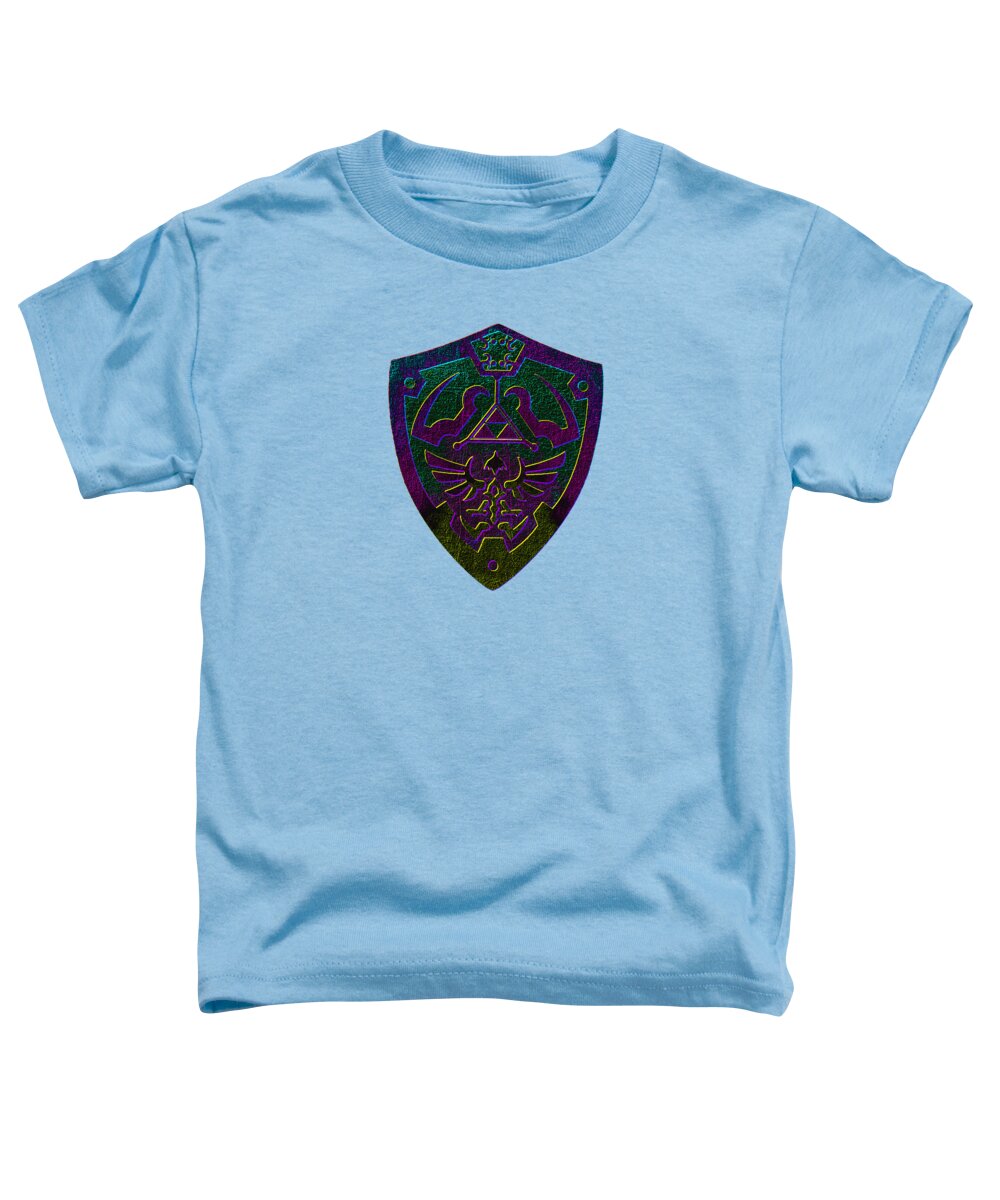 Toddler t-shirt in light blue with a colorful shield gamer logo print on chest