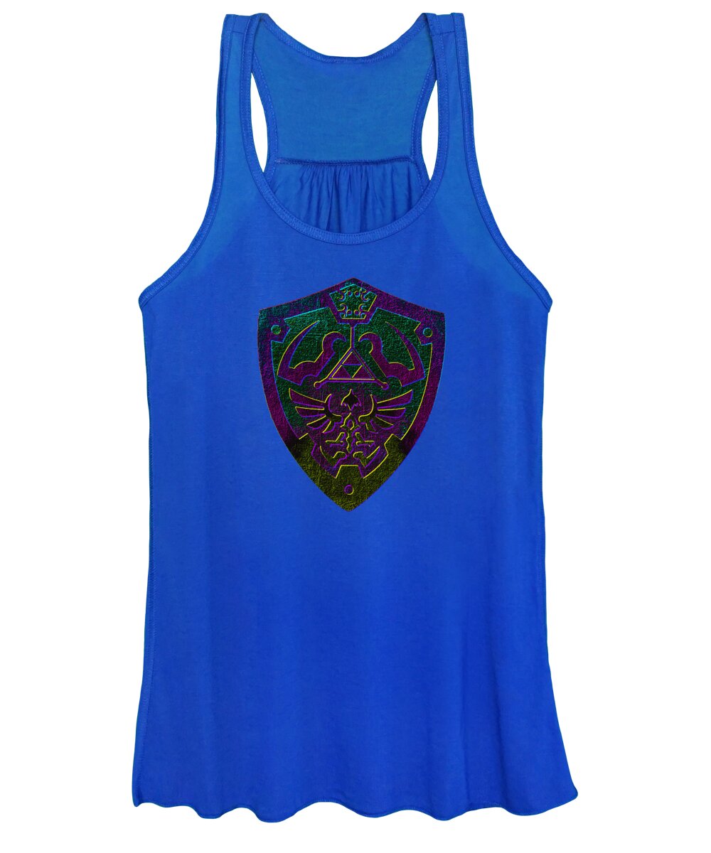 Women's royal blue tank top with purple-green shield graphic