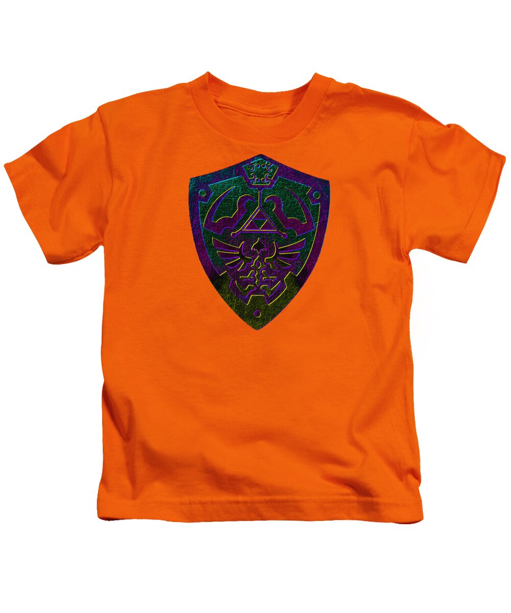 Kids orange T-shirt with purple-green shield front graphic.