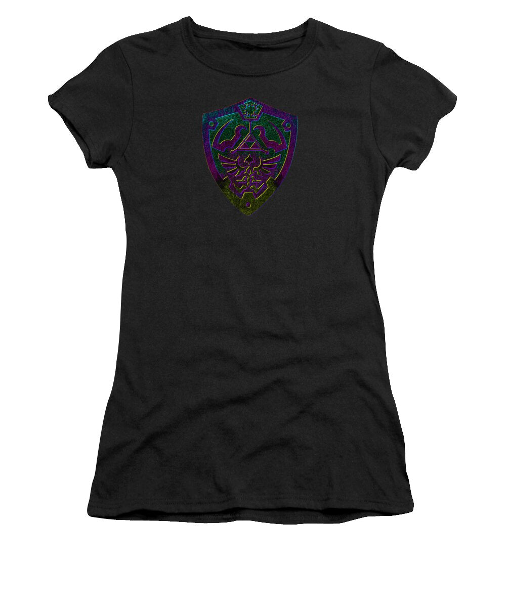 Women's black T-shirt with colorful shield logo graphic on the chest