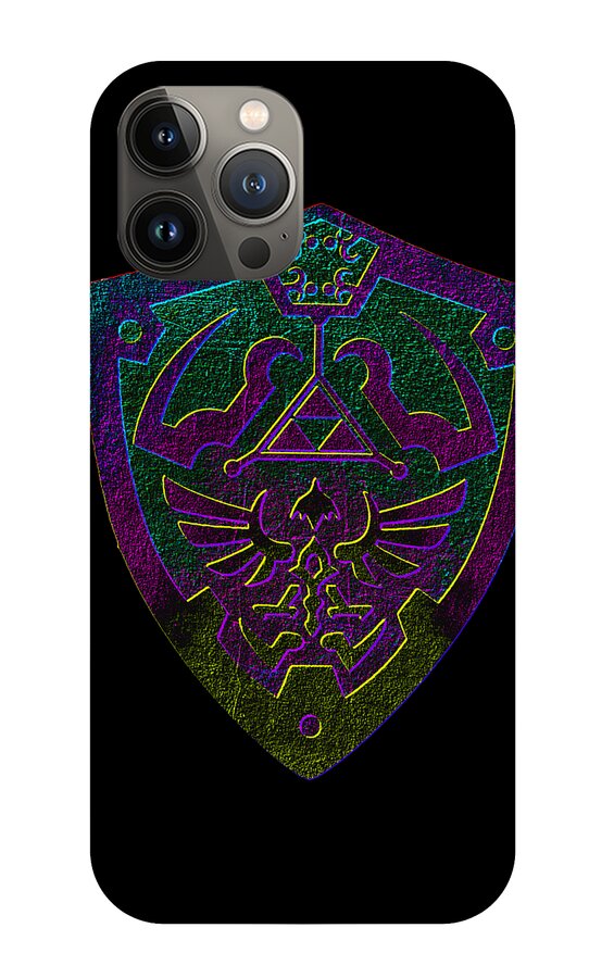 Phone case with black back and purple-green shield emblem with trident, quad-camera layout